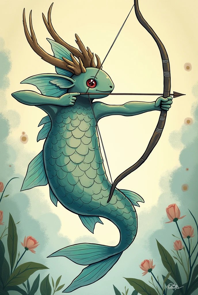 Hi, give me an image of the fish bow referring to a fish with a bow and arrow, as if it were the fusion of Sagittarius with Pisces, but it should be in the Studio Ghibli style 