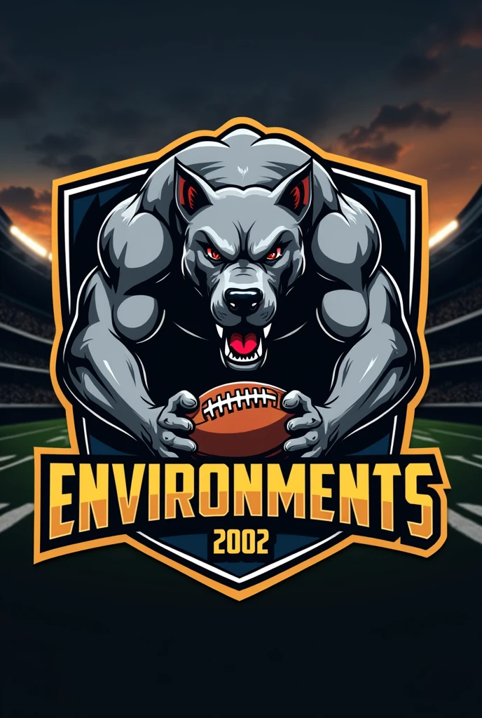 Create a gray pitbull logo'S, angry, aSSuStador, moStrando oS denteS, com braçoS forteS e muSculoSoS, Segurando uma bola de futebol de campo, face for a football team. Faça dele um eScudo QUADRADO COM EFEITOS DOURADO E PRETO . Put a big font that says: ENVIRONMENTS and below 2002. With football field background, black darkness. TranSforme-o em pgn
