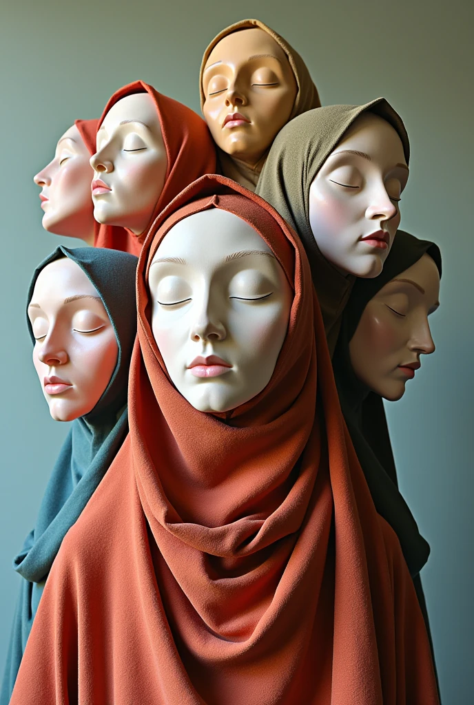 Expressionist artwork images of multiple floating ceramic heads of muslim women, 3d collage style, make it weird and gallery worthy