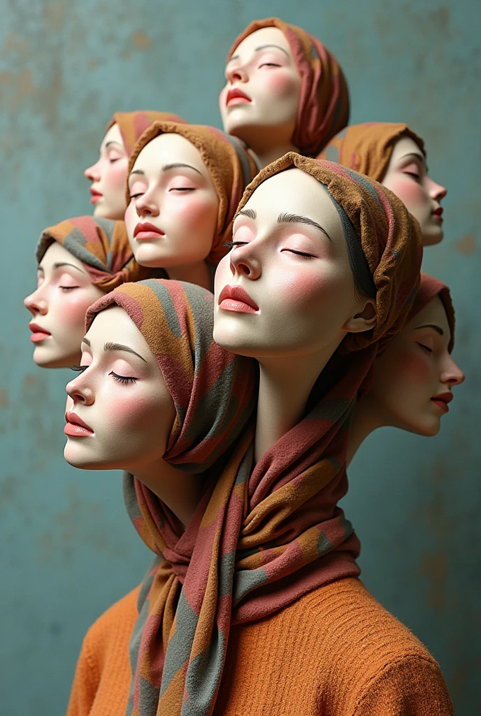 Expressionist artwork images of multiple floating ceramic heads of muslim women, 3d collage style, make it weird and gallery worthy