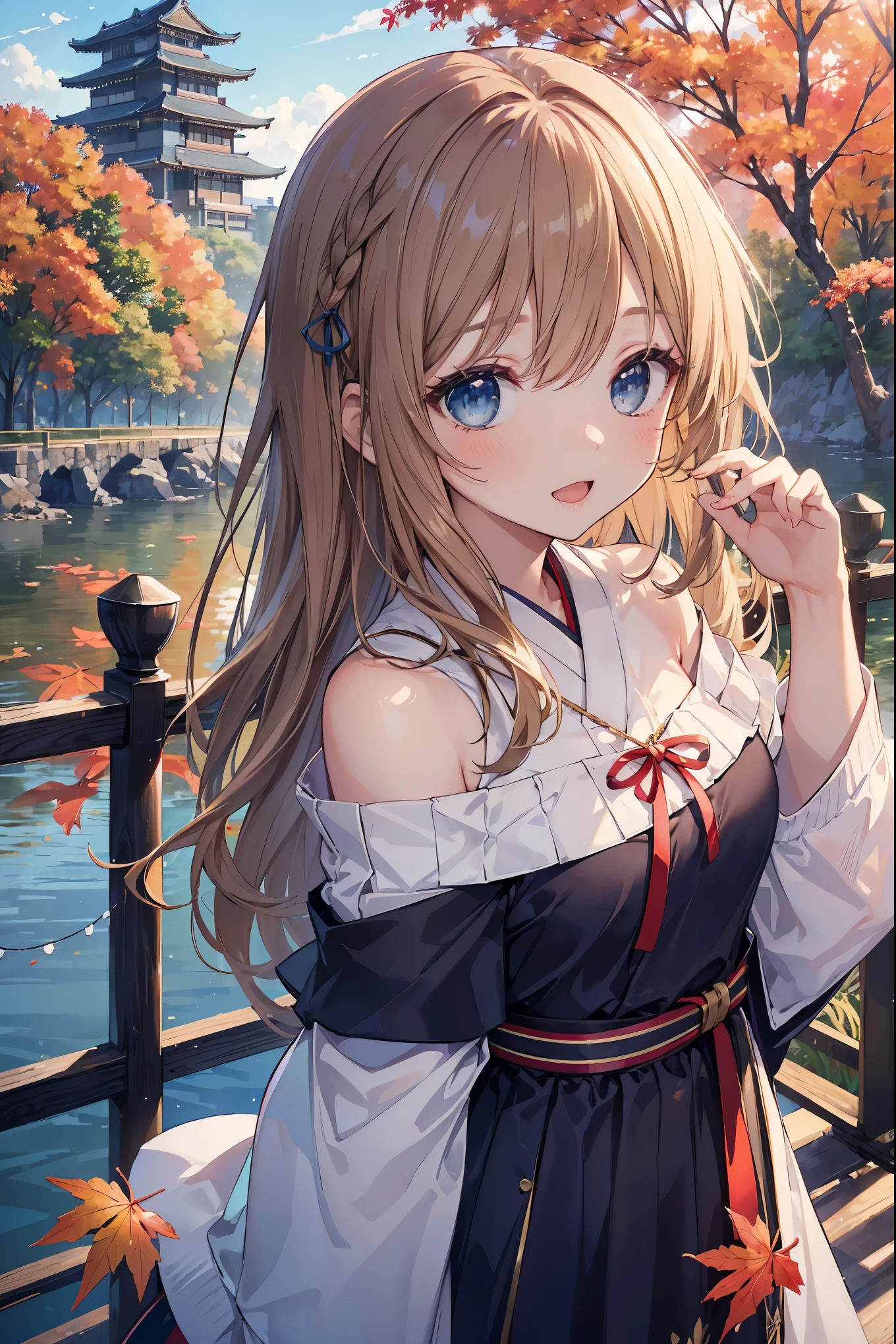 (Highest quality), (masterpiece)、(Very detailed)、(Beautiful girl alone)、(cute)、20-year-old、Take-out、(evening)、(Promenade in the nature park)、sweater、(Off the shoulder)、Long sleeve、(Outdoor)、(Lots of trees with autumn leaves)、light up、Light brown hair、(blue eyes)、Detailed eyes、Eyes Wide Open、Detailed face、Laughter、Please keep your mouth open、Big Breasts、Hair length、(Upper Body Shot)、Japanese castle in the background、Standing on the bridge、(look up:1.3)