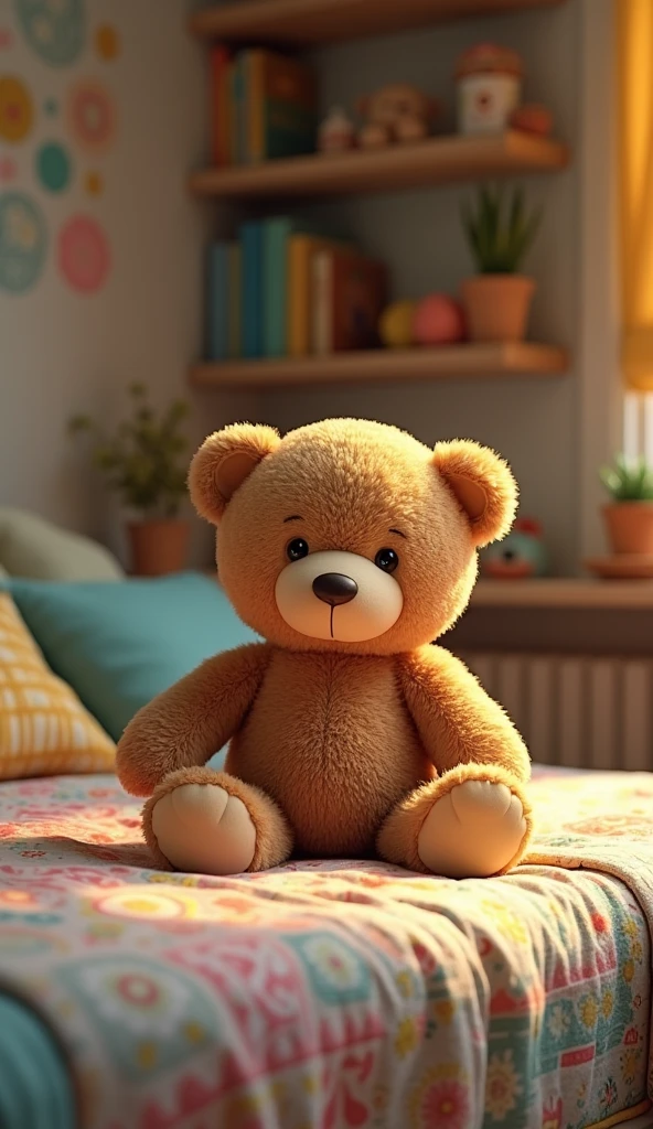 A teddy bear placed in a child&#39;s room.