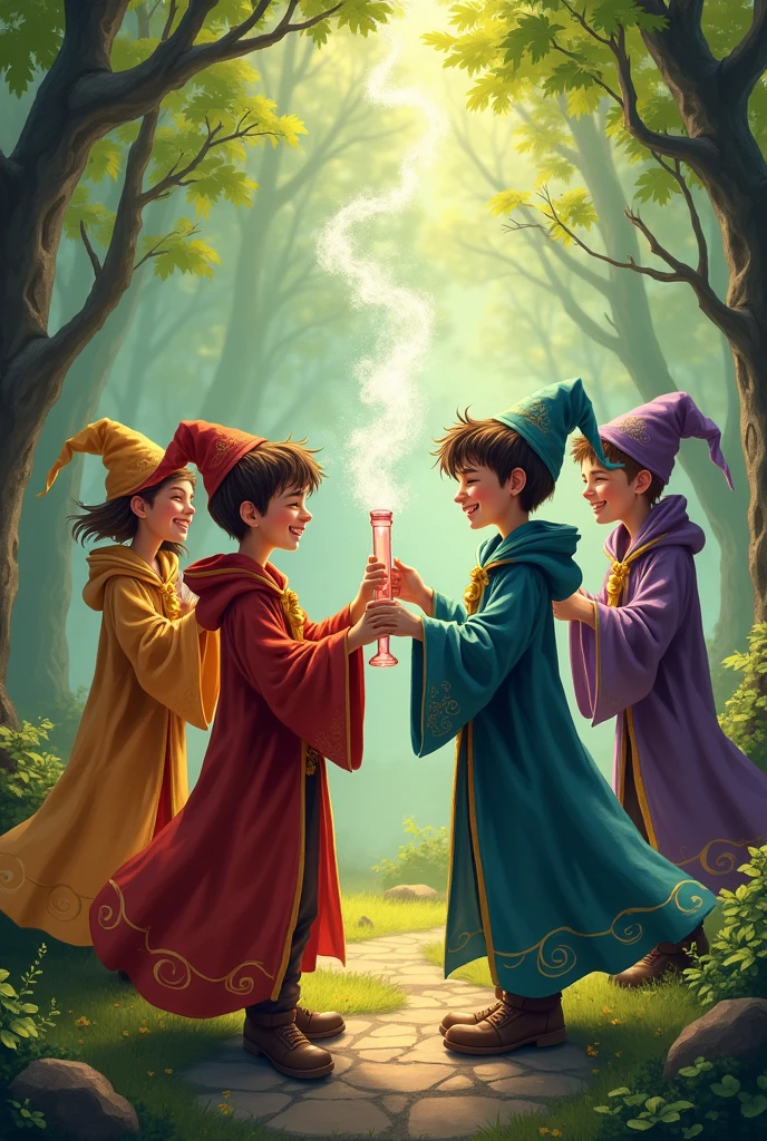 3 boys and a girl in wizard robes in the woods laughing with a bong