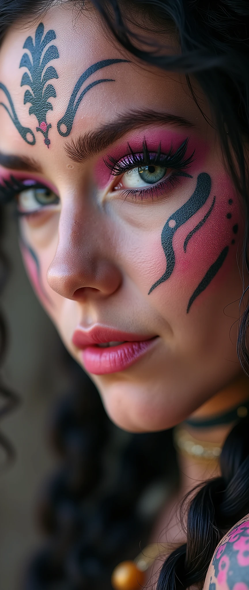 a close up of a woman with tattoos on her face, fractal punk, braid hair, matte painting portrait shot, beautiful female, pink fair skin, she is dressed in shaman clothes, cryptopunk, heavy makeup, 