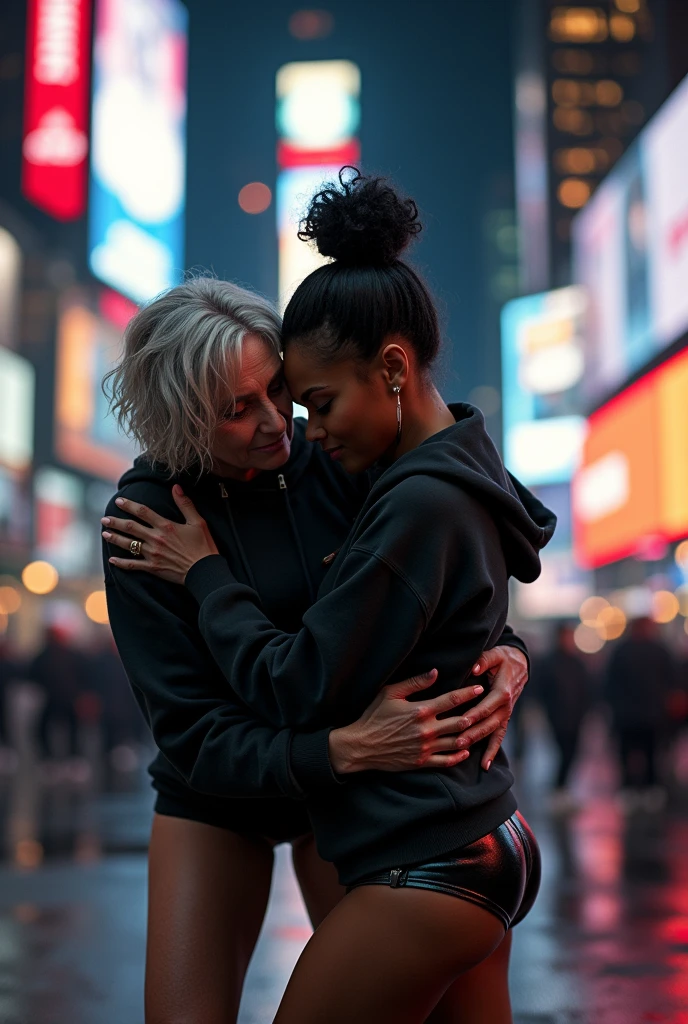black woman hair in a bun black hoodie black leather short shorts bent over and old woman humping her bump time square new york city