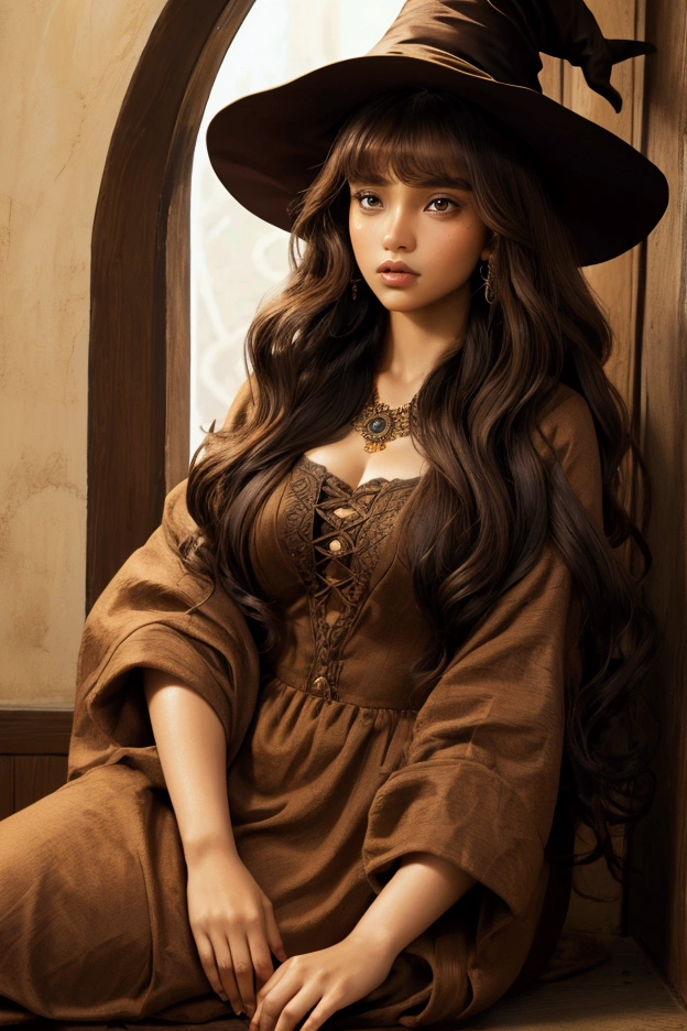 brown woman with oval face, curly hair bangs, witch, poured brown