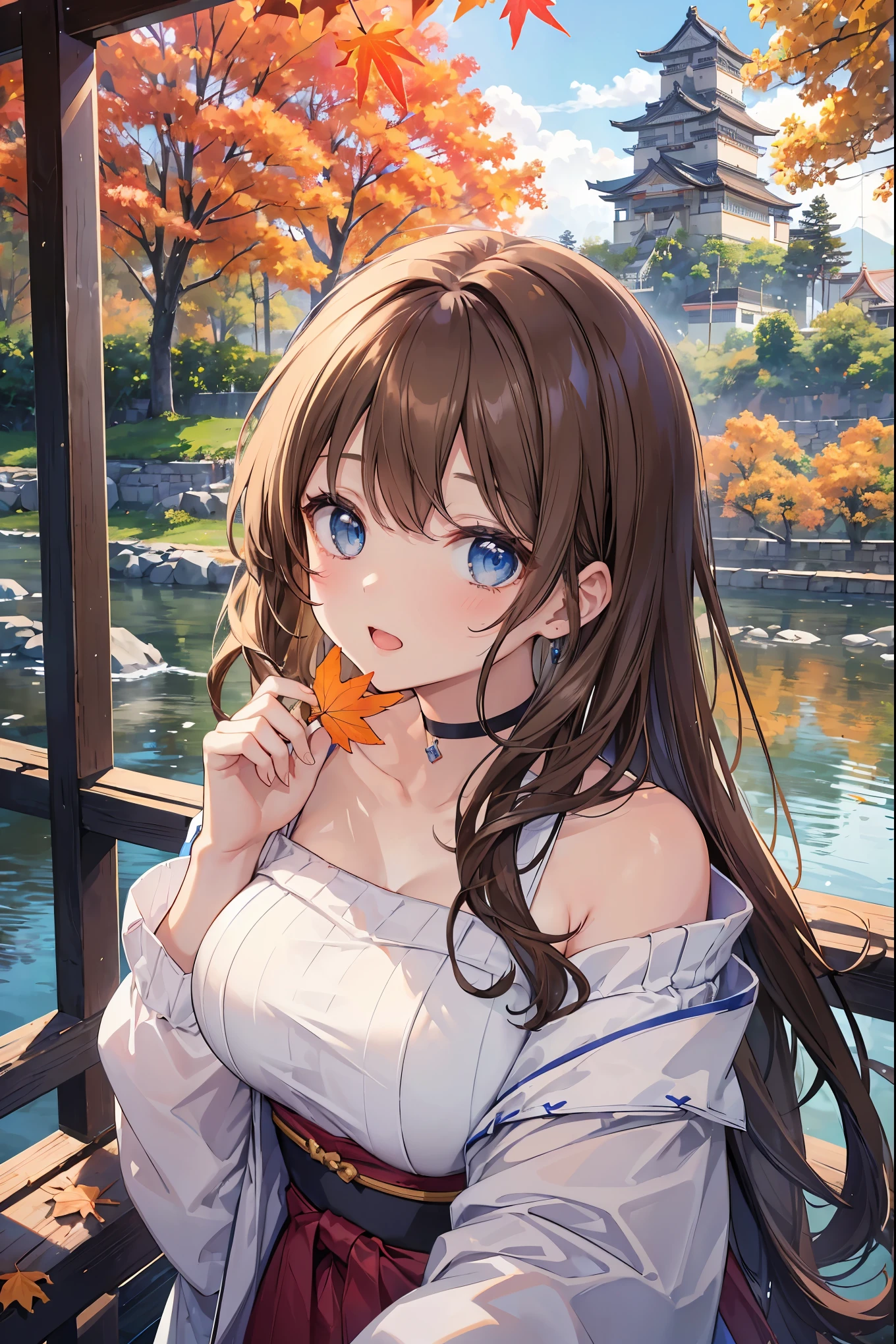 (Highest quality), (masterpiece)、(Very detailed)、(Beautiful girl alone)、(cute)、20-year-old、Take-out、(evening)、(Promenade in the nature park)、sweater、(Off the shoulder)、Long sleeve、(Outdoor)、(Lots of trees with autumn leaves)、light up、Light brown hair、(blue eyes)、Detailed eyes、Eyes Wide Open、Detailed face、Laughter、Please keep your mouth open、Big Breasts、Hair length、(Upper Body Shot)、Japanese castle in the background、Standing on the bridge、(look up:1.3)
