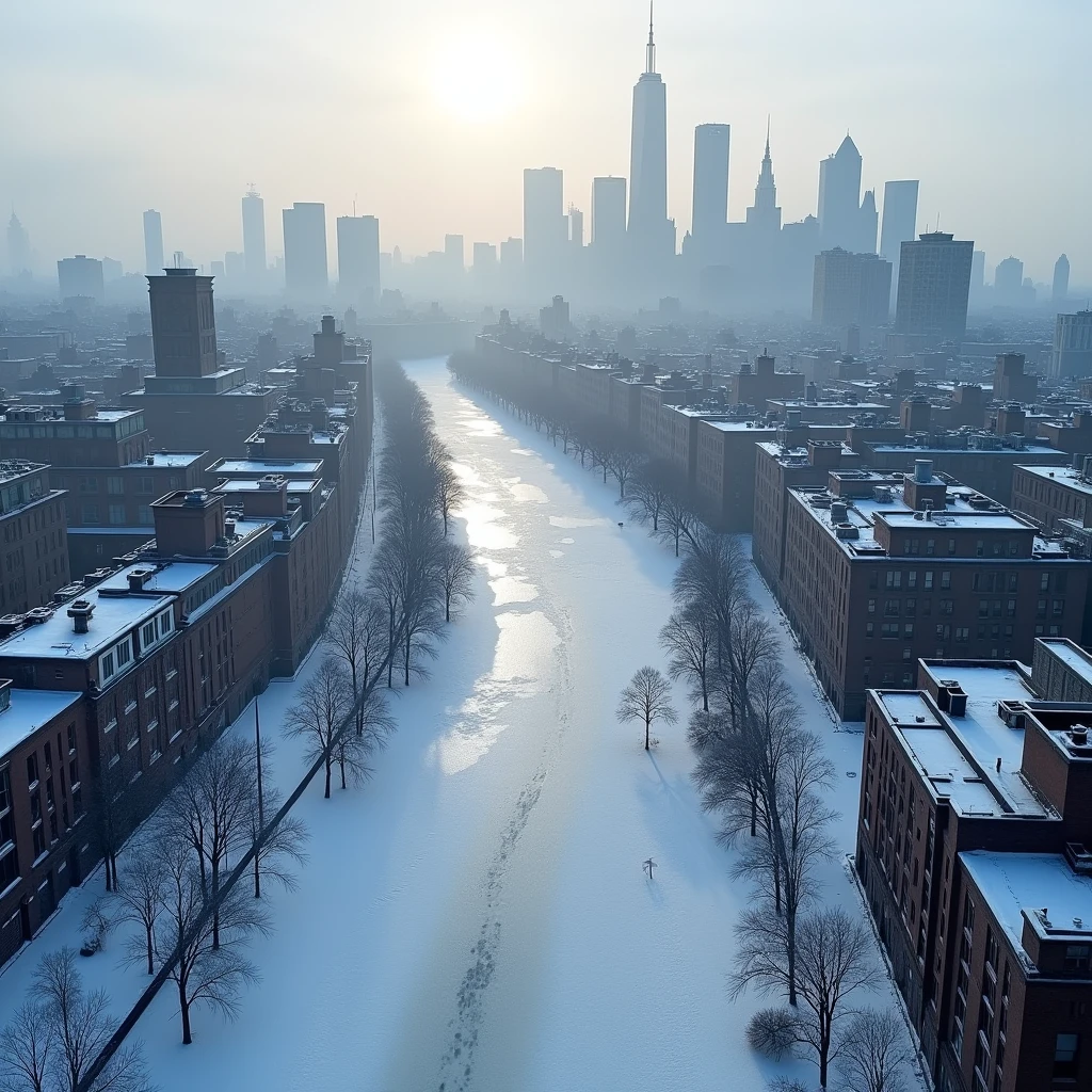 Snow Scene、Shooting from above、New York Manhattan、Building roof、the way、frozen rivers、early morning、Landscape Photography