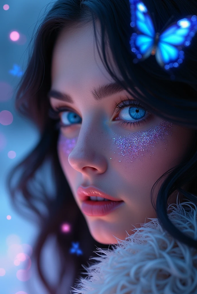 HD Photography, INTENSE SAPPHIRE SKY BLUE EYES just the face of a beautiful Russian woman like Aphrodite, with black hair in waves and sapphire blue eyes as clear as the sky, HIGHLIGHT SAPPHIRE BLUE EYES, with purple and pink glitter on the face, Looking forward in profile, that only his face is seen, In the background a beautiful place with pink sparkles and blue butterflies, glow daylight, with glitter in the air, LET YOUR EYES BE WHAT STANDS OUT THE MOST AND THE ONLY THING THE IMAGE FOCUS ON