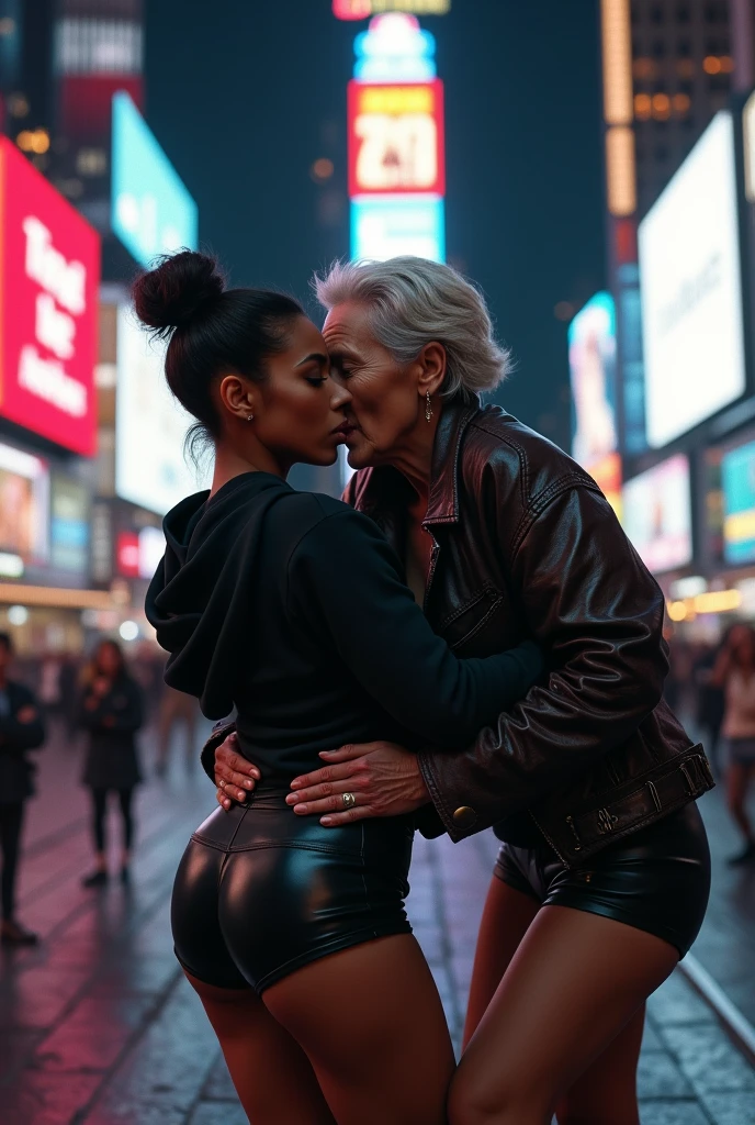 black woman hair in a bun black hoodie black leather short shorts bent over and old woman humping her bump time square new york city