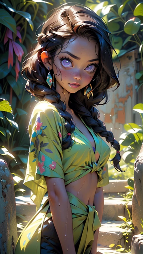 little tribal,(((little ,small tiny body,,chibi,small))),((())),(((1 toddler:1.4))),(baby face),(round face),(little chest),(big forhead:1.2),(beautiful big eyes:1.3),extremely detailed cute anime face,
(((flat chest))),((((long twin braids,tight braids,long braid,braided hair,long hime cut,dark hair,black hair,colored inner hair)))),(((purple_eyes:1.3))),intricate eyes,beautiful detailed eyes,symmetrical eyes,(big eyes:1.5),((((lustrous skin:1.5,tanned skin,bright skin: 1.5,skin tanned,shiny skin,very shiny skin,shiny body,Reflective skin)))),(((detailed face))),beautiful detailed lips,
(cute,kawaii,(nsfw)),🦄,🌈,
long loincloth,(navel),Shaman tribal clothes,thong tribal,(tribal clothes,style old Egypt),navel,barefoot,bare arms,exposed belly button,necklace,(tribal clothing),((red clothes,wet clothes,intricate outfit)),
dynamic pose,looking at viewer,embarrassed,centered,scale to fit dimensions,Rule of thirds,
((The glowing cave opens before the girl, its walls of rough, wet stone adorned with multicolored gems that shine with their own light. Bioluminescent mushrooms dot the ceiling, creating a magical and mysterious atmosphere. In wetter areas, green moss and climbing ivy cling to the rocks. The girl advances cautiously, fascinated by the beauty and mystery that surrounds her.)),scenery,extremely scenery,
(Glossy Egyptian ornaments),highres,sharp focus,(ultra detailed,extremely detailed),(photorealistic artwork:1.37),(extremely detailed CG unity 8k wallpaper),(((vibrant colors,vibrant theme))),(intricate),(masterpiece),(best quality),artistic photography,(photography taken by sldr),(intricate background),perfect rendered face,perfect face details,realistic face,photo realistic,analog style,((intricate detail)),(((realism))),