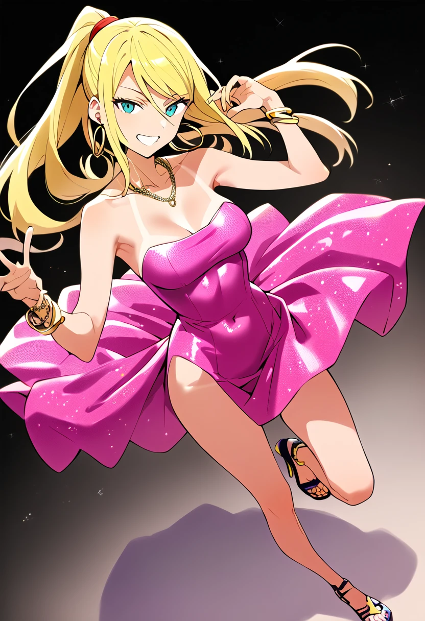 score_9,score_8_up,score_7_up,score_6_up, takeda hiromitsu style,1girl, sole_female, tanned, tanlines, pink bodycon dress, blue bodycon dress, sequins, strapless_dress, confident_pose, standing, intricate_face, intricate_eyes, smile, saggy_breasts, slender_waist, curvy_hips, high_heels, gold_bracelets, chain_necklace, hoop_earrings, dynamic_pose, sexy_face, sultry, curvy, Samus_Aran