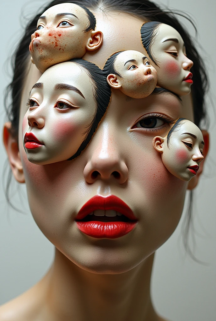 Expressionist artwork images of multiple floating ceramic heads of east asian women, 3d collage style, make it weird and gallery worthy