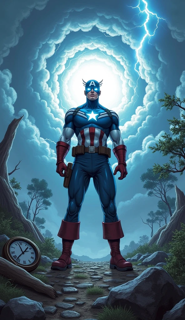 Illustrate Captain America at the moment he awakens to his new power of time manipulation. The scene should be dynamic and intense, focusing on the transformation as time begins to ripple around him. Captain America stands at the center of the image, his posture strong and resolute, but with a hint of shock in his expression as he realizes the immense power he now possesses.
His eyes glow with a radiant blue-white light, symbolizing the newfound power. Around him, the environment begins to distort: the air ripples in concentric waves, and objects nearby, such as rocks and debris, seem to blur and stretch, as if being pulled by the currents of time.
The background should depict a partially shattered landscape, with hints of past and present colliding—perhaps a broken clock, with its hands spinning uncontrollably, or a tree with leaves in different stages of growth. Light and shadow play dramatically across Captain America’s figure, with his iconic suit catching the glow from his eyes, adding a surreal touch to the scene.
In the sky above, clouds swirl in a circular pattern, mimicking the ripples of time emanating from Captain America. Lightning crackles through the clouds, illuminating the scene with flashes of light. The overall atmosphere should be one of raw power and awe, with a sense of the world bending to the will of this new, uncontrollable force