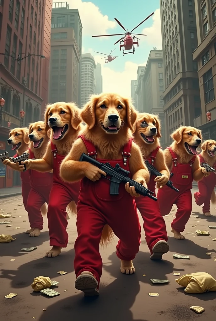 7 golden retrievers with red overalls and weapons in the La Casa de Papel series
