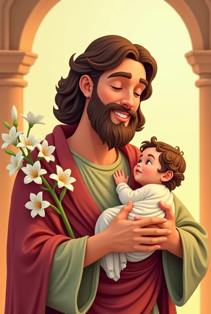 Saint Joseph with lilies in his hands in cartoon style and Jesus in his arms 