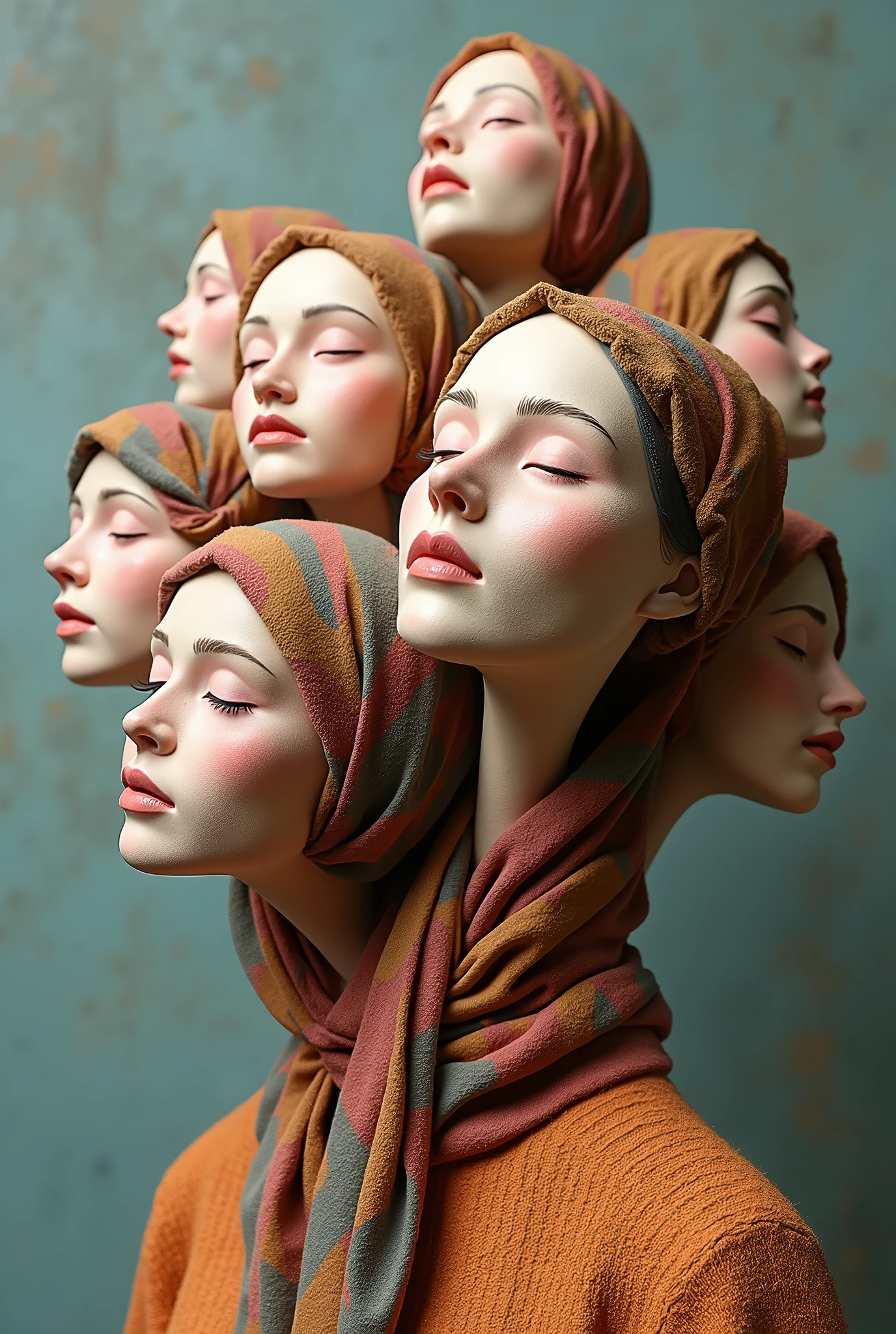 Expressionist artwork images of multiple floating ceramic heads of muslim women, 3d collage style, make it weird and gallery worthy