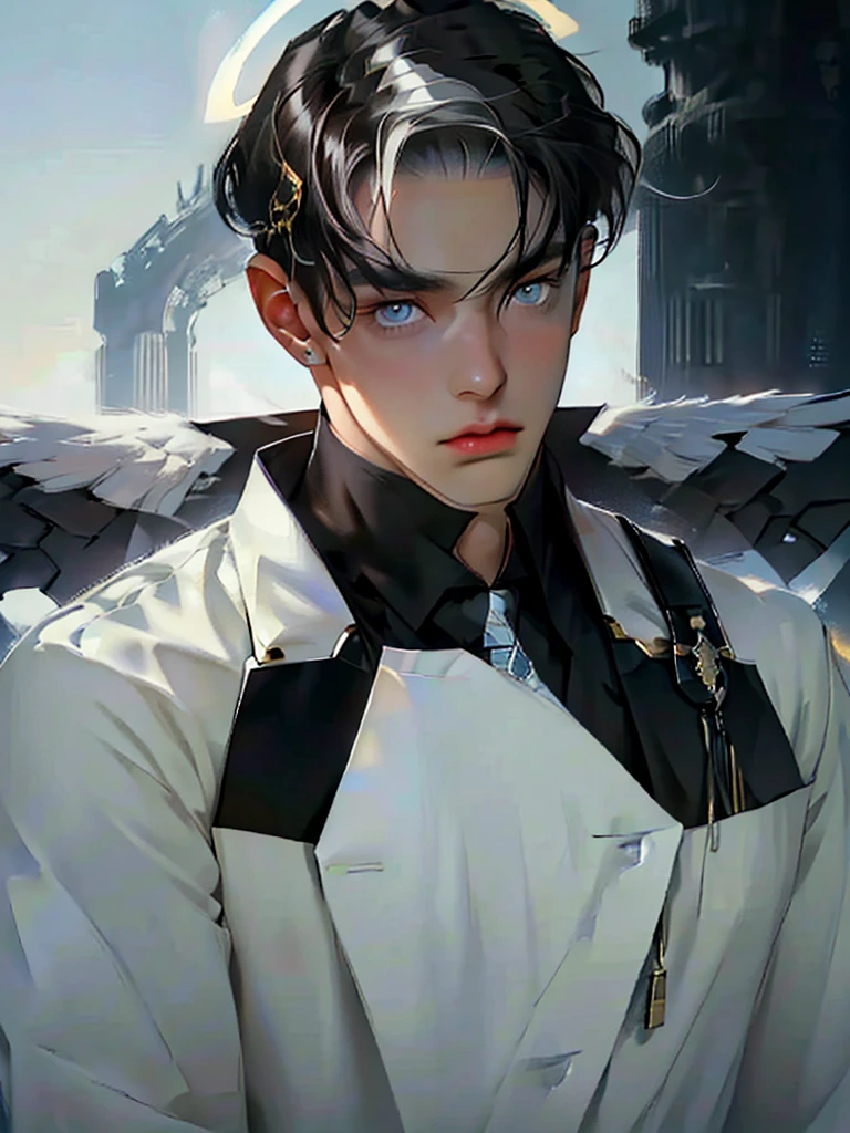 ((Maximum quality, work of art, 4K, finely detailled, detailedeyes, face detailed, gelbooru, pixiv)), warm lighting, ((standing alone)), 1 men, bonitas, masculine, adult and mature man, broadshouldered, Close face ((black hair with white and blue streak in the bangs, Halo), portraite, gentle face. looking at the observer, ((calm eyes, half covered, blue eyes with white pupils)), wearing a black and blue and gold suit, having blue wings), city background in angelic sky
