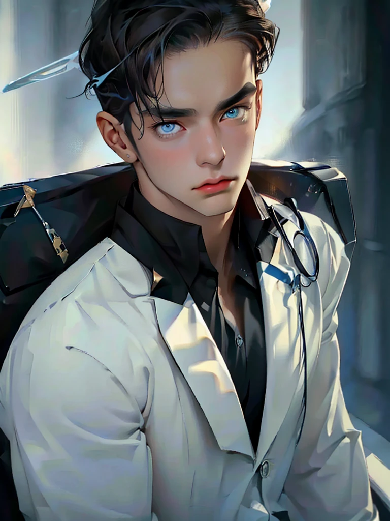 ((Maximum quality, work of art, 4K, finely detailled, detailedeyes, face detailed, gelbooru, pixiv)), warm lighting, ((standing alone)), 1 men, bonitas, masculine, adult and mature man, broadshouldered, Close face ((black hair with white and blue streak in the bangs, Halo), portraite, gentle face. looking at the observer, ((calm eyes, half covered, blue eyes with white pupils)), wearing a black and blue and gold suit, having blue wings), city background in angelic sky