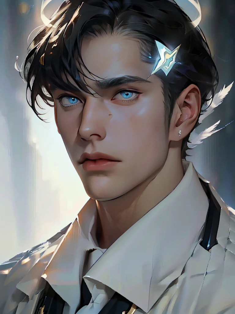 ((Maximum quality, work of art, 4K, finely detailled, detailedeyes, face detailed, gelbooru, pixiv)), warm lighting, ((standing alone)), 1 men, bonitas, masculine, adult and mature man, broadshouldered, Close face ((black hair with white and blue streak in the bangs, Halo), portraite, gentle face. looking at the observer, ((calm eyes, half covered, blue eyes with white pupils)), wearing a black and blue and gold suit, having blue wings), city background in angelic sky