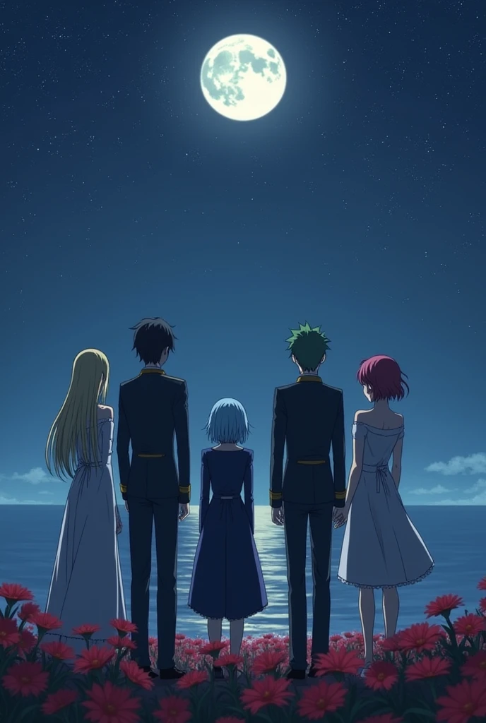 anime characters based on 86 anime, wearing military gala uniform, 1 male with black hair and female with very light sky blue long hair, 1 slightly small man with dull yellow hair, 1 tall man with green hair, 1 woman with short red hair and 1 woman with blue sky blue hair standing from a distance on a field of small red lilyspider flowers looking up to the starry night sky with big moon and big stars, near a sea. They are all wearing military gala uniform
