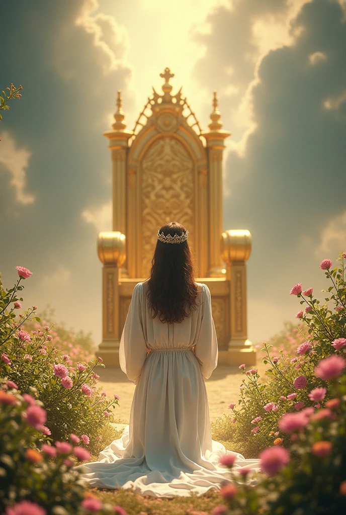 A woman dressed in pure linen and with a crown on her head, on his knees with his head bowed before the golden throne, around the throne there is a beautiful flower garden, and above is the sky