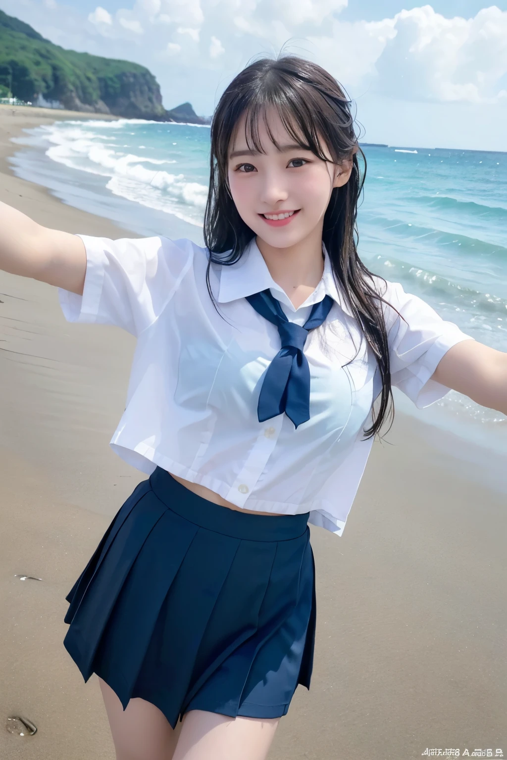 RAW photo, (8K), (best quality:1.2), (real), (real:1.37), ultra-high resolution, high school girl selfie, (one woman, half Korean and half Ukrainian, 80% Korean, she is standing on the beach. RAW photo, 8K, best quality, ultra-high resolution, beautiful facial details, real human skin, gentle expression, front, angle from below, hair length, real, cute, short skirt, sea, cute high school girl, she is a little wet with sea water in Japanese uniform, Japanese clothes, surreal high school girl, full body lesbian, big breasts, upper body, face close-up, big smile