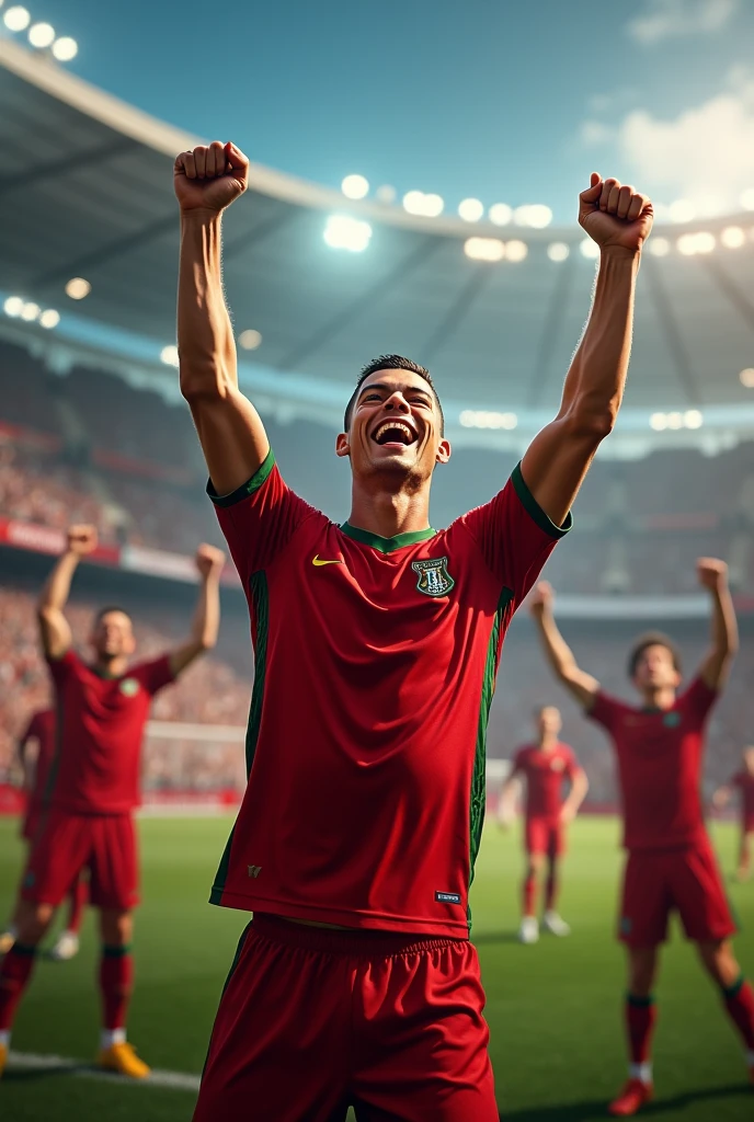 Celebration after a Goal** :
"cristiano Ronaldo levant les bras au ciel, celebrating after scoring a decisive goal. His radiant smile and the energy of the supporters around him create a festive atmosphere.. Keywords : cristiano.maillo Portugal