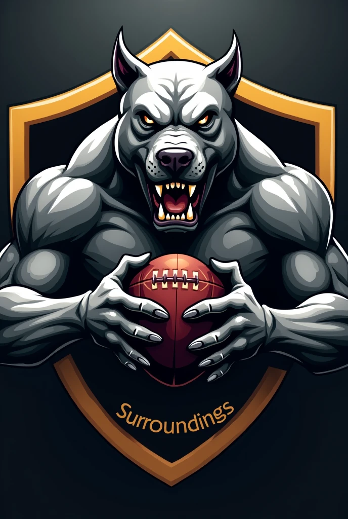Create a gray pitbull logo'S, angry, aSSuStador, moStrando oS denteS, com braçoS forteS e muSculoSoS, Segurando uma bola de futebol de campo, face to a football team black and white checkered field. Faça dele um eScudo QUADRADO COM EFEITOS DOURADO E PRETO . Put a small font that says: SURROUNDINGS. With football field background, black darkness. TranSforme-o em pgn