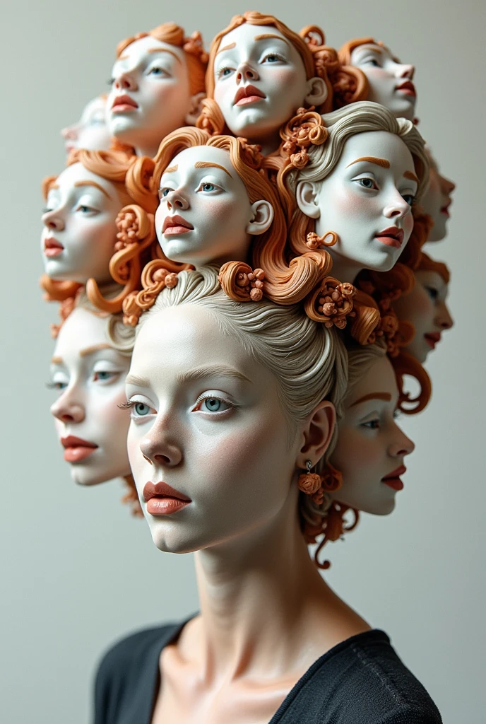 Expressionist artwork images of multiple floating ceramic heads of nordic women, 3d collage style, make it weird and gallery worthy