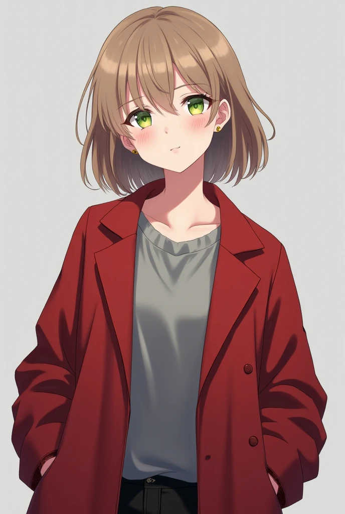 More mature anime style image. A gray background image. A teenager with light brown hair, light green eyes, with piercings in both ears, wore a gray blouse and over it a red coat with black pants.
