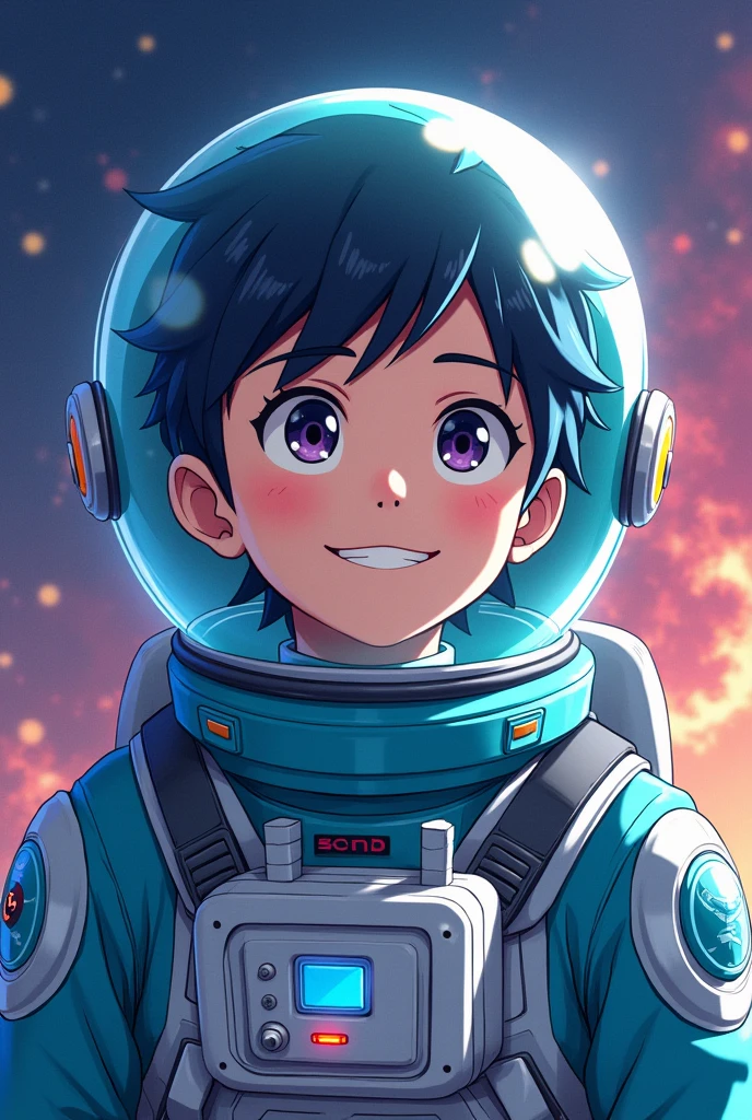 Man anime character smiling with cyan astronaut suite
