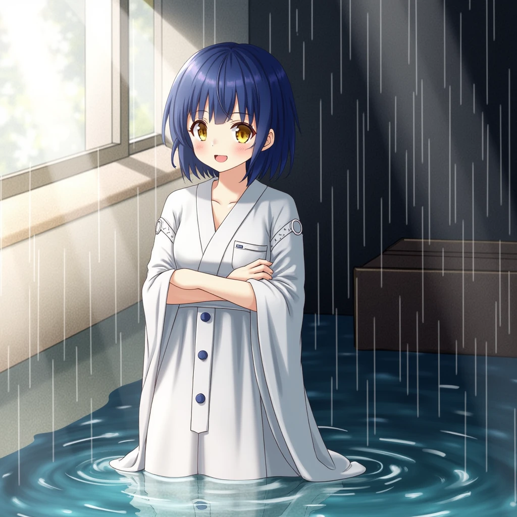 beautiful girl、、rain、flood、rainの多さにうんざりの表情、Sigh、Blue Hair、rain合羽