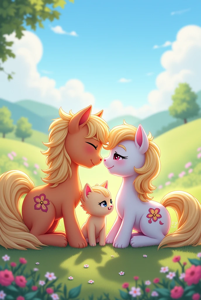 Male and female pony kissing in love, kawaii anime, more in love with their kitten son