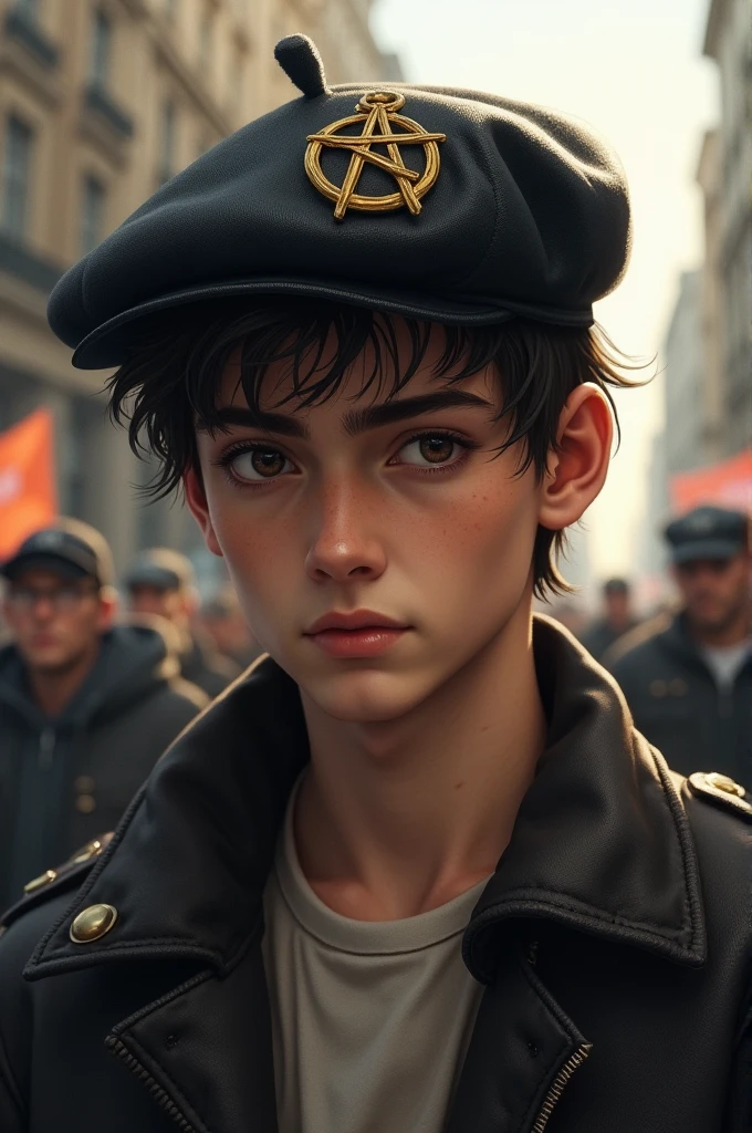 Young man with beret with anarchist symbol