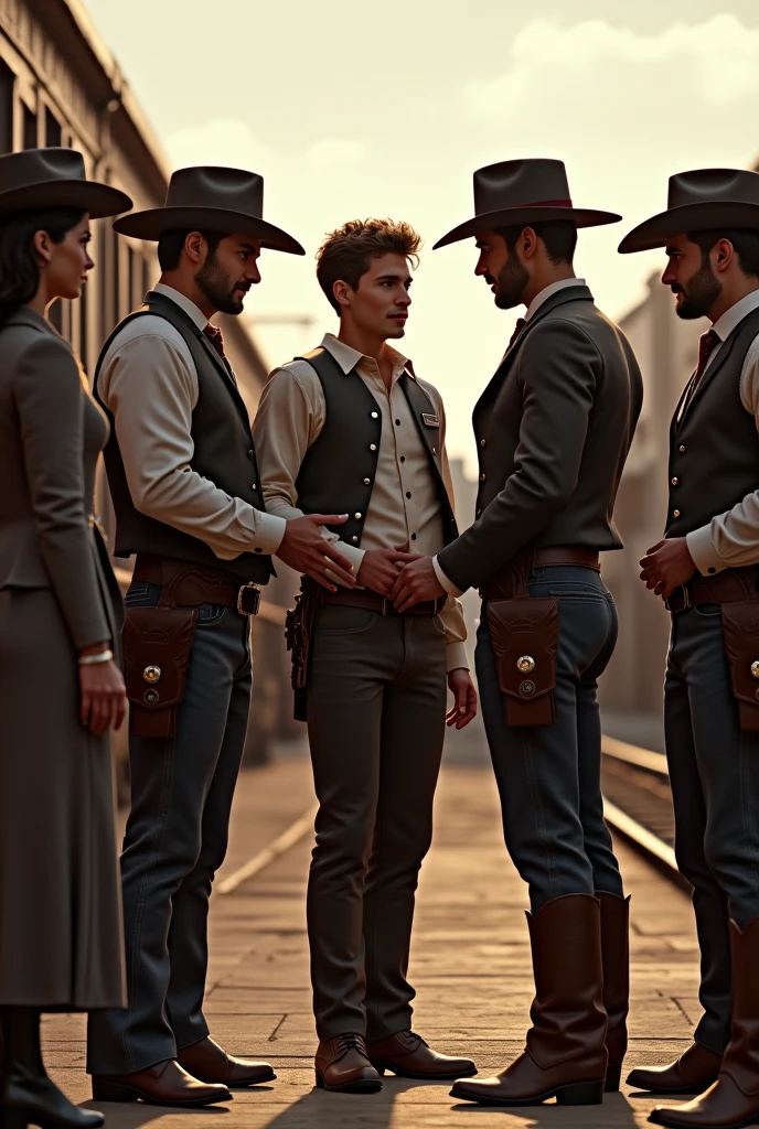 4 handsome men, beautiful cowboy, saying goodbye to a young 2 handsome friend who is going on a trip, a train behind them, a lady and a gentleman next to them