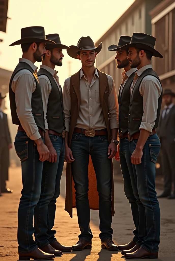 4 handsome men, beautiful cowboy, saying goodbye to a young 2 handsome friend who is going on a trip, a train behind them, a lady and a gentleman next to them