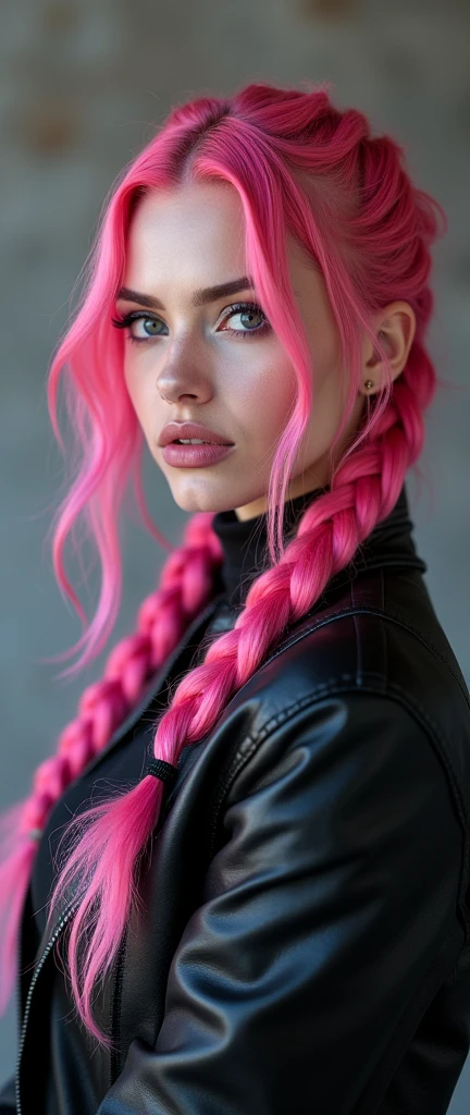 a woman, fractal punk, braid hair, portrait shot, beautiful female, pink fair skin, she is dressed in leather clothes, makeup, 