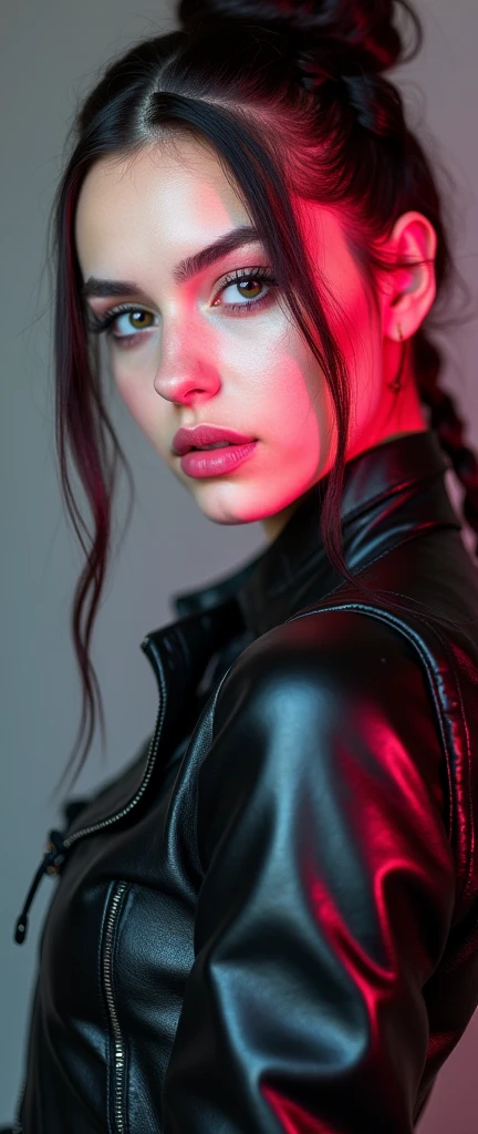a woman, fractal punk, braid hair, portrait shot, beautiful female, pink fair skin, she is dressed in leather clothes, makeup, 