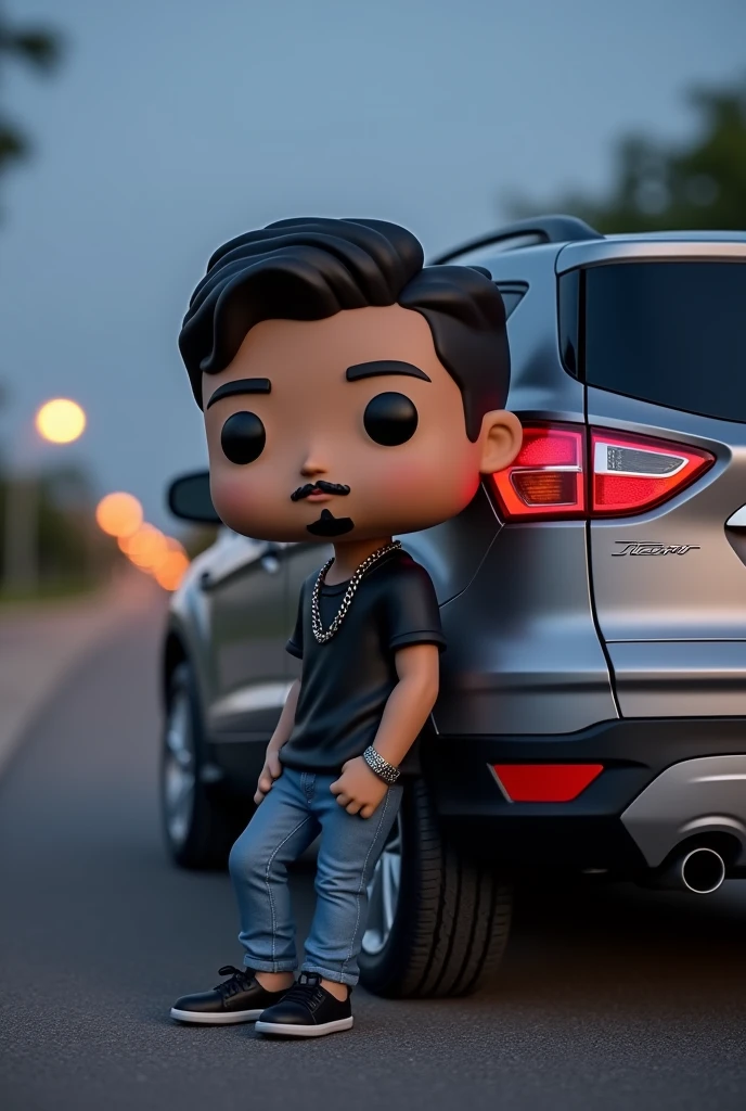 2013 gray Ford Kuga with a young boy leaning on it with his arms crossed wearing a black short-sleeved t-shirt and jeans. He also wears a thin silver chain and a silver bracelet on one hand and nothing on the other with medium-sized eyes without a beard but with a small mustache and a slight goatee on a road at dusk, all done in funko pop style so that the entire car can be seen