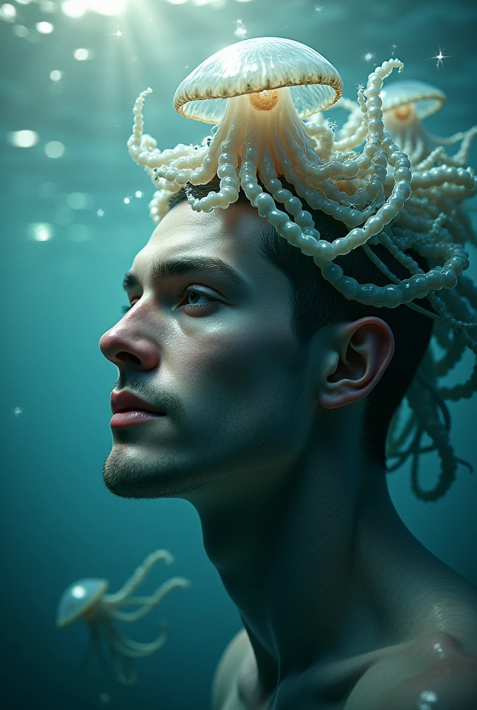 the face of a mermaid man with a jellyfish on his head