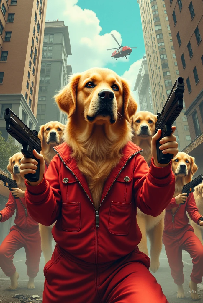 7 golden retrievers with red overalls and weapons in the La Casa de Papel series