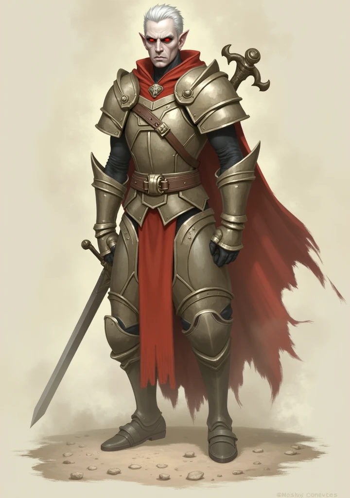 Black Dragonborn Noble Fallen Paladin. scarlet red eyes. short white hair.