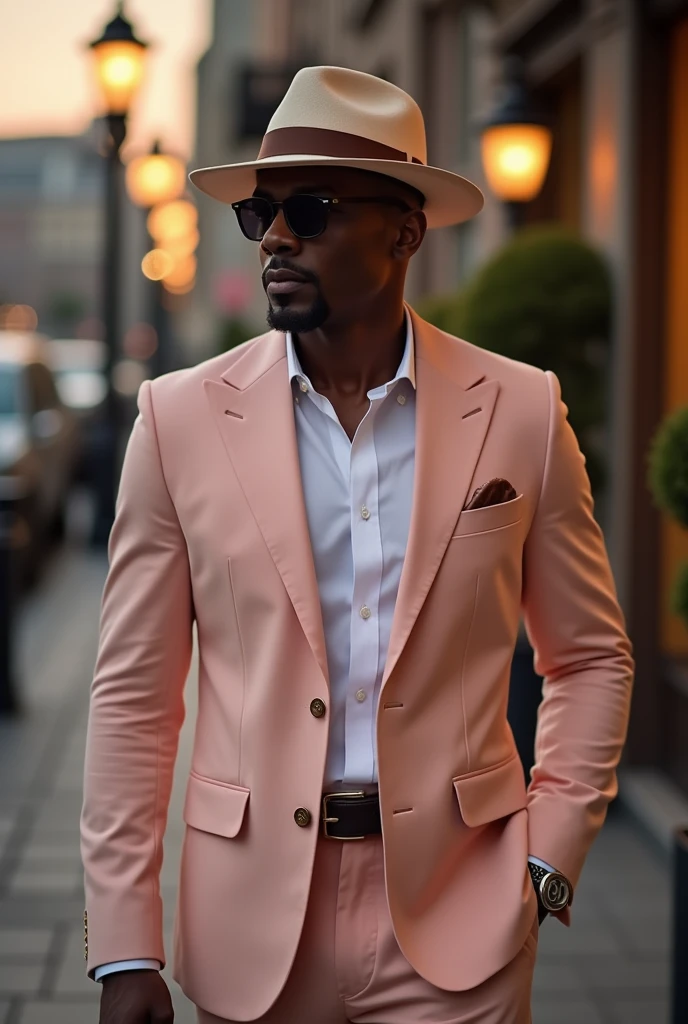 Forty year old black man, very elegant and sophisticated, with a goatee,wearing Panama hat, from middle aba, linen shirt, white, Slim Italian cut blazer in salmon and baby pink colors.
Light brown Italian loafer shoes. The initials DL are written on the hat band and the cufflinks of the shirt sleeve., the image takes place at dusk
