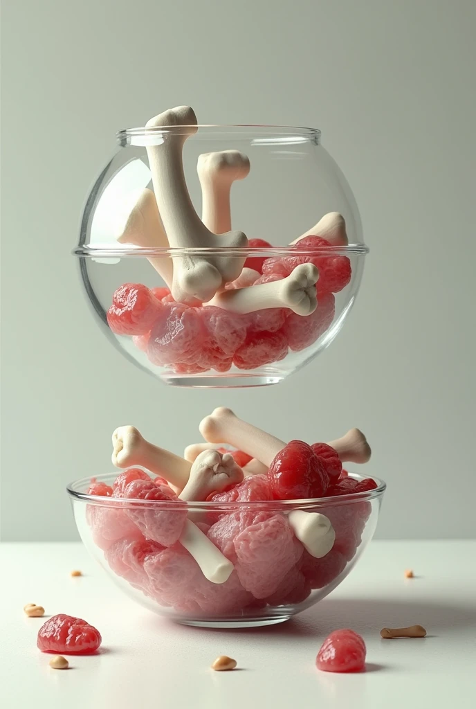 Make a picture that has two transparent bowls and one bowl has bones on top and meat on the bottom and meat on top in the other bowl.