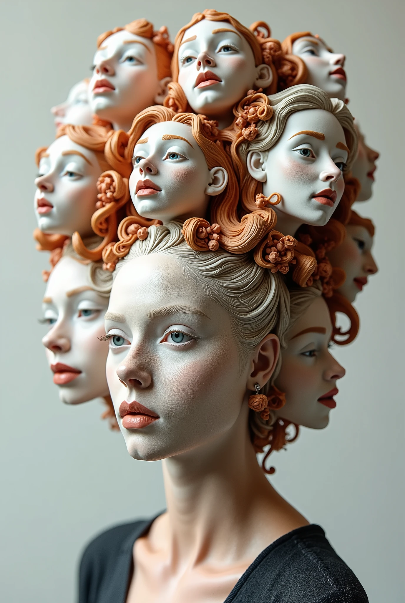 Expressionist artwork images of multiple floating ceramic heads of nordic women, 3d collage style, make it weird and gallery worthy
