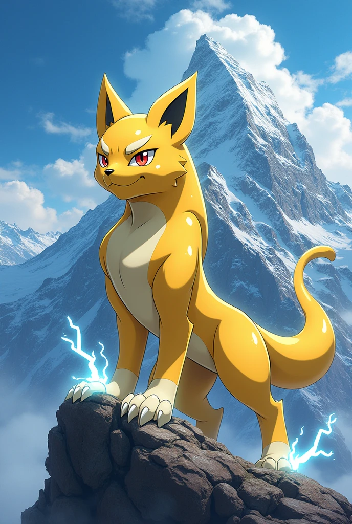 an art of the electric pokemon panthore anime version on top of a mountain.
