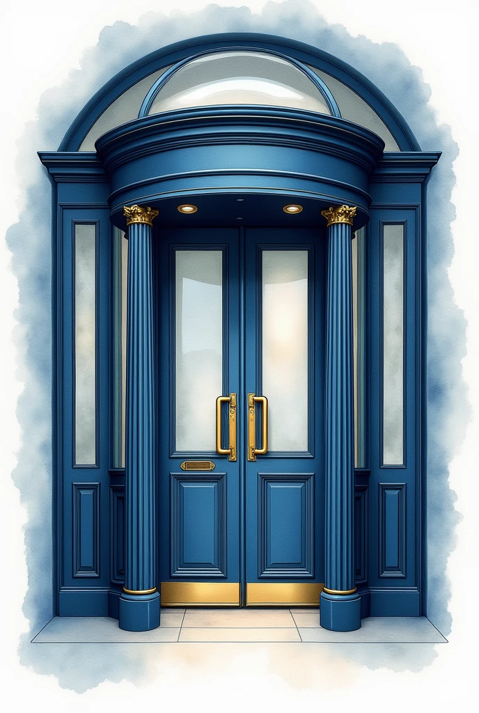 Watercolor painting with white spaces and undefined outlines : luxurious vintage dark blue wooden tambour revolving door and glass door tops, large brass handles inside the doors. Porte a tambour qui se situe à l'entrée d'un grand magasin