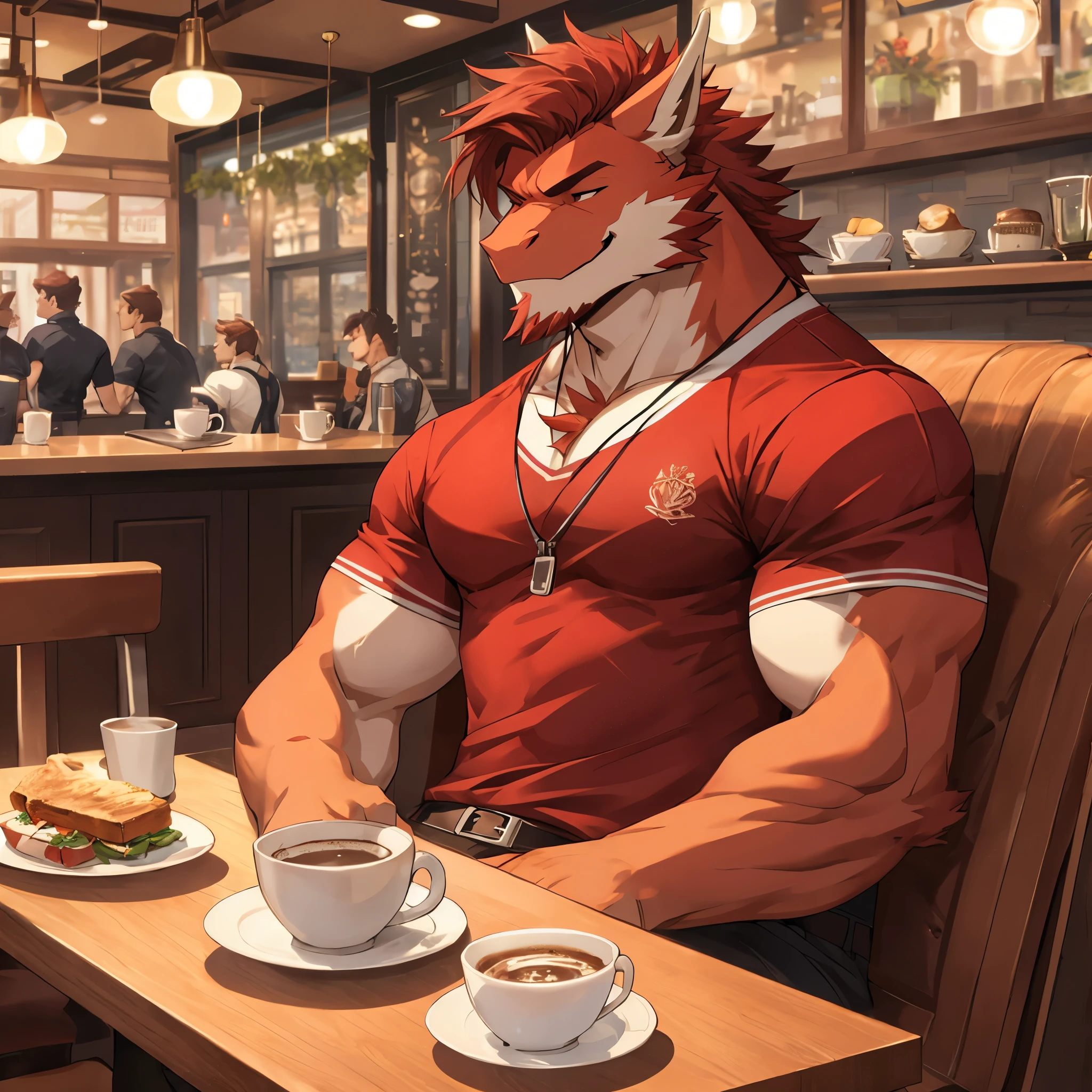 Masterpiece, Solo, Furry Red Dragon, closed eyes, Medium Red Hair, medium facial red hair, Muscular Body, Handsome, Good Looking, Adult, Fierce, Smirking, happy mood, Casual Clothes, sitting in coach, cafe background