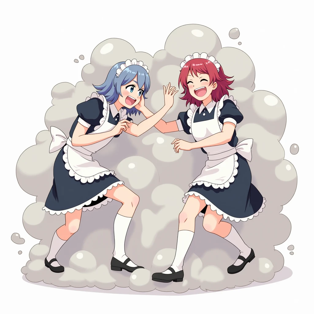 An anime-style illustration depicting many maids playfully wrestling with each other inside a light gray comical fight cloud (dust cloud).
each maid has different  colored hair.
their faces,hands,and feet are visible emerging from the cloud as they tussle humorously,  with the rest of their bodies completely hidden inside the cloud.
the illustration emphasizes the humorous and energetic nature of their scuffle,with a fluffy  and exaggerated fight cloud.